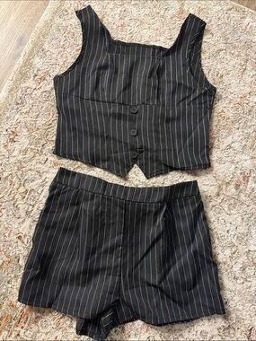SHEIN Black Pinstripe Cropped Vest & High-Waist Shorts Set